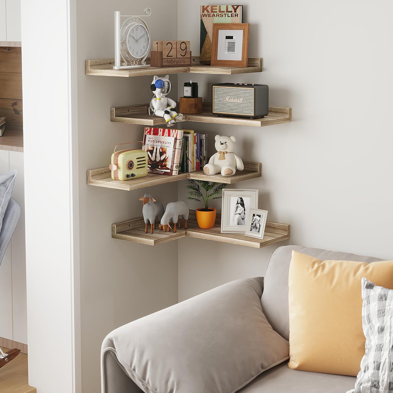 Set of 4 Rustic Wooden Floating Corner Wall Shelf