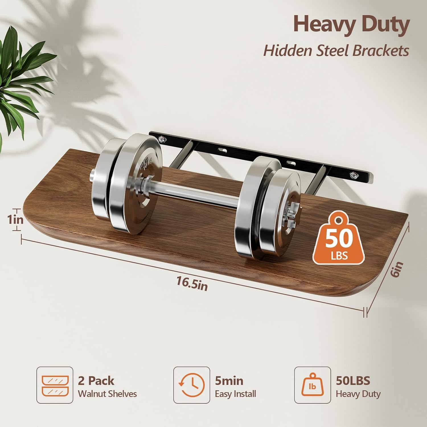 Solid Walnut Floating Shelves for Wall 16.5 Inch Set of 2