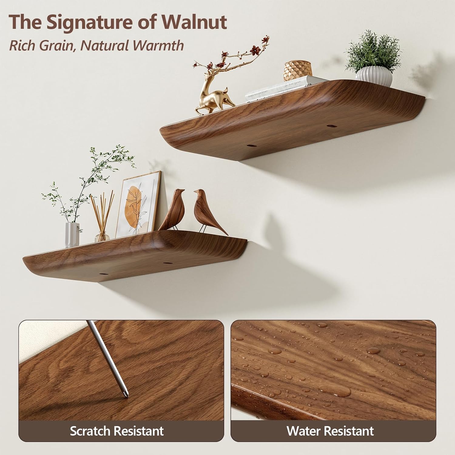 Solid Walnut Floating Shelves for Wall 16.5 Inch Set of 2