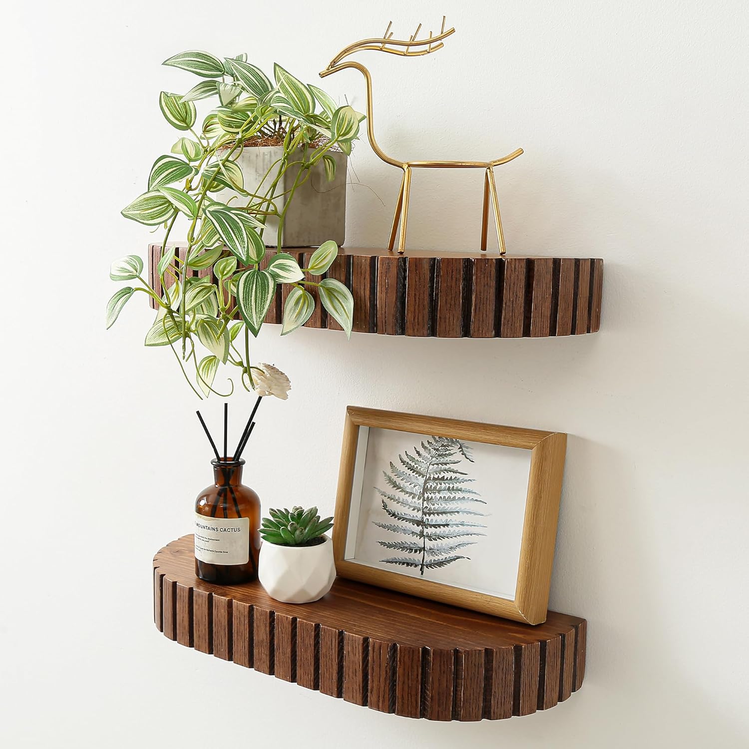 Wood Rounded Fluted Floating Shelf Set of 2