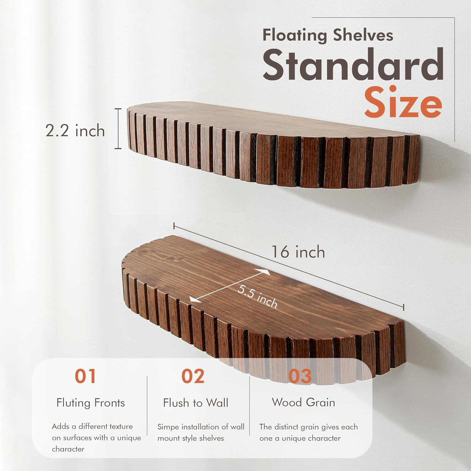Wood Rounded Fluted Floating Shelf Set of 2
