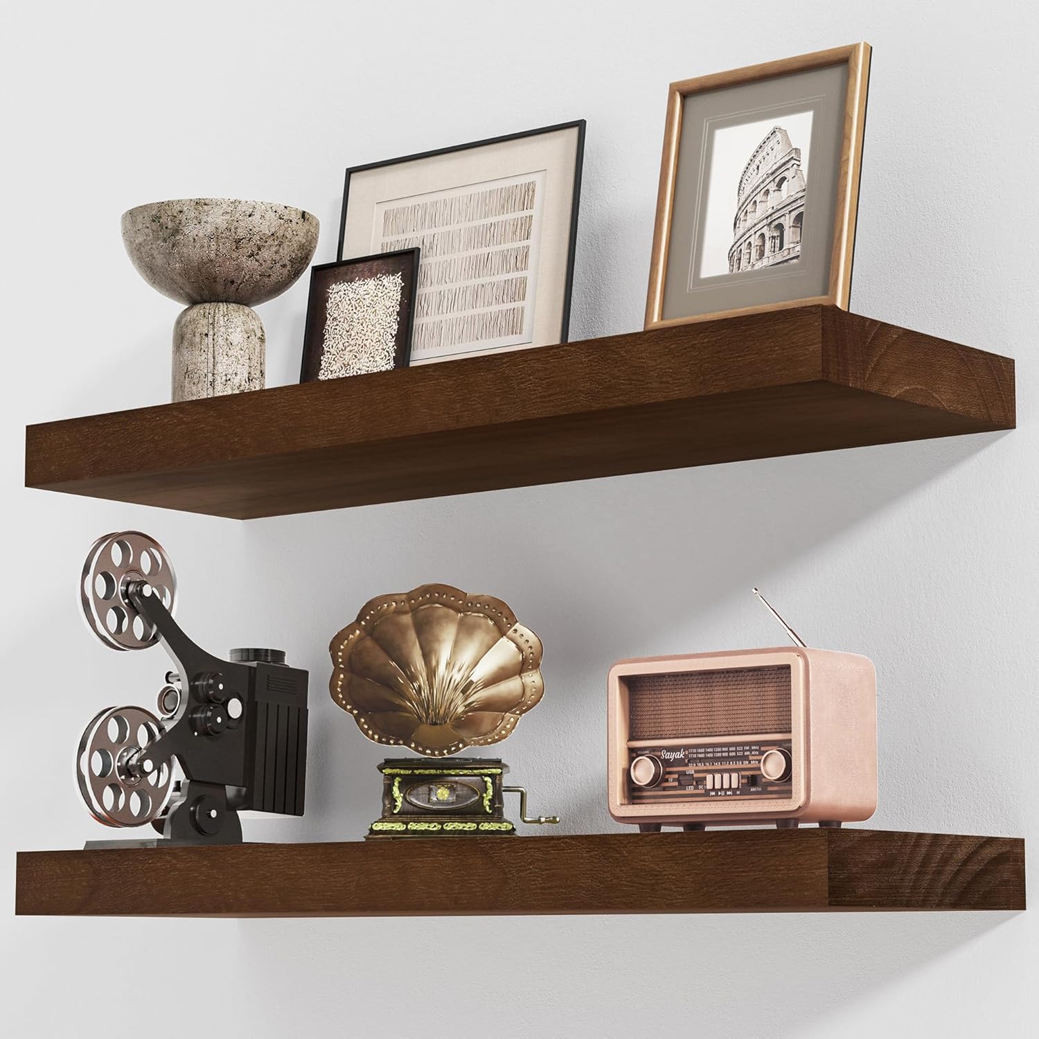 2 Pack 8 Inch Deep Rustic Solid Wood Wall Shelves