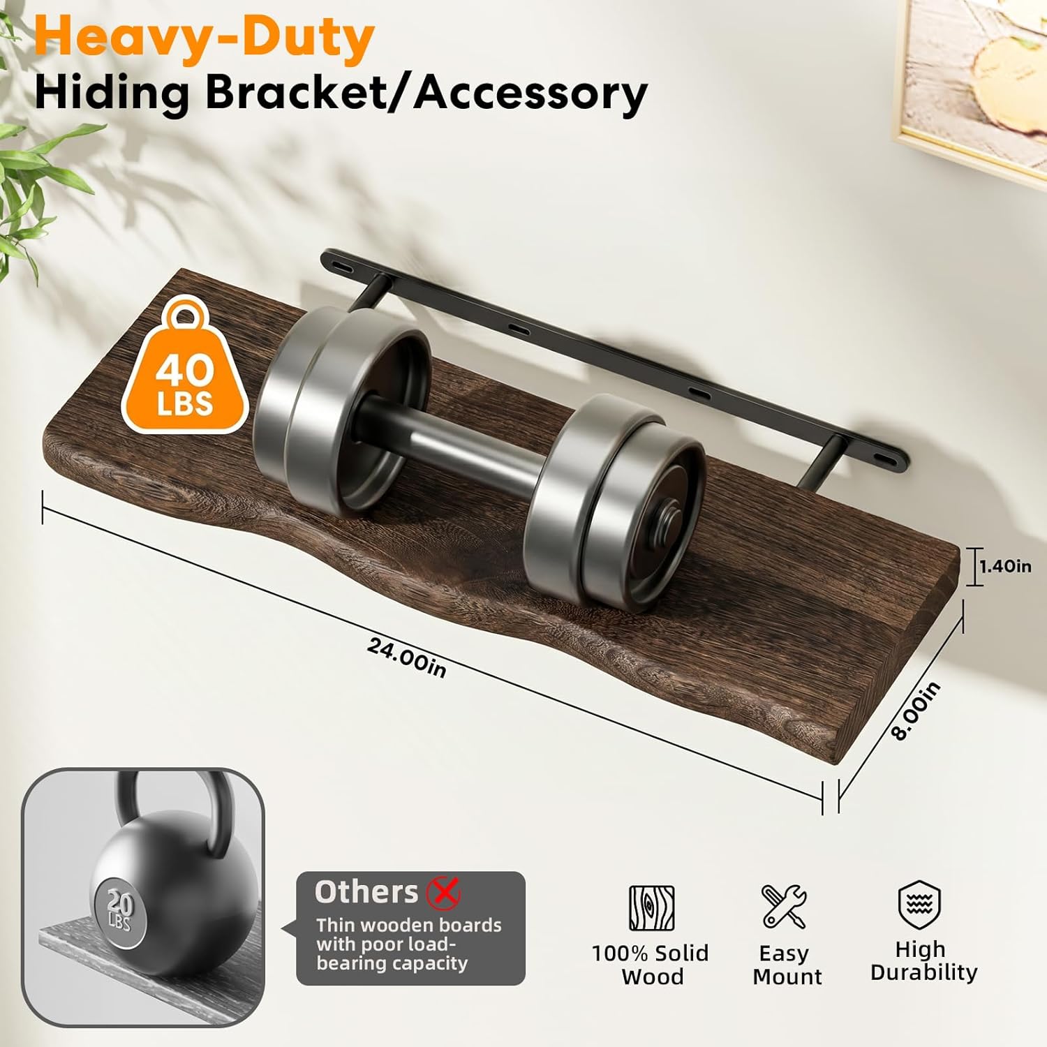 36" Rustic Wall Shelf with Hidden Bracket System