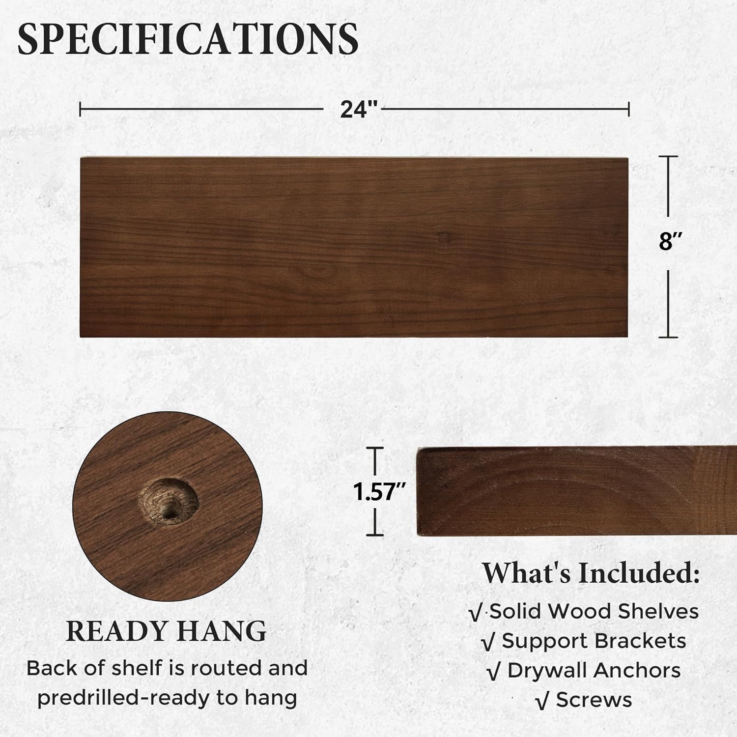 2 Pack 8 Inch Deep Rustic Solid Wood Wall Shelves