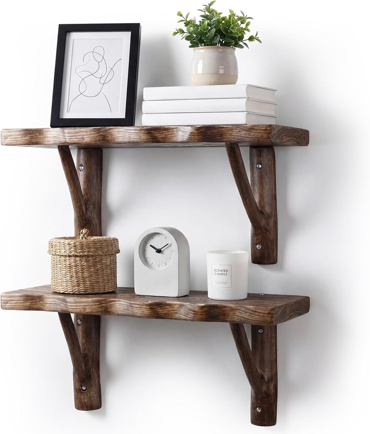 Set of 2 Live Edge Solid Pine Wood Mounted Shelves 