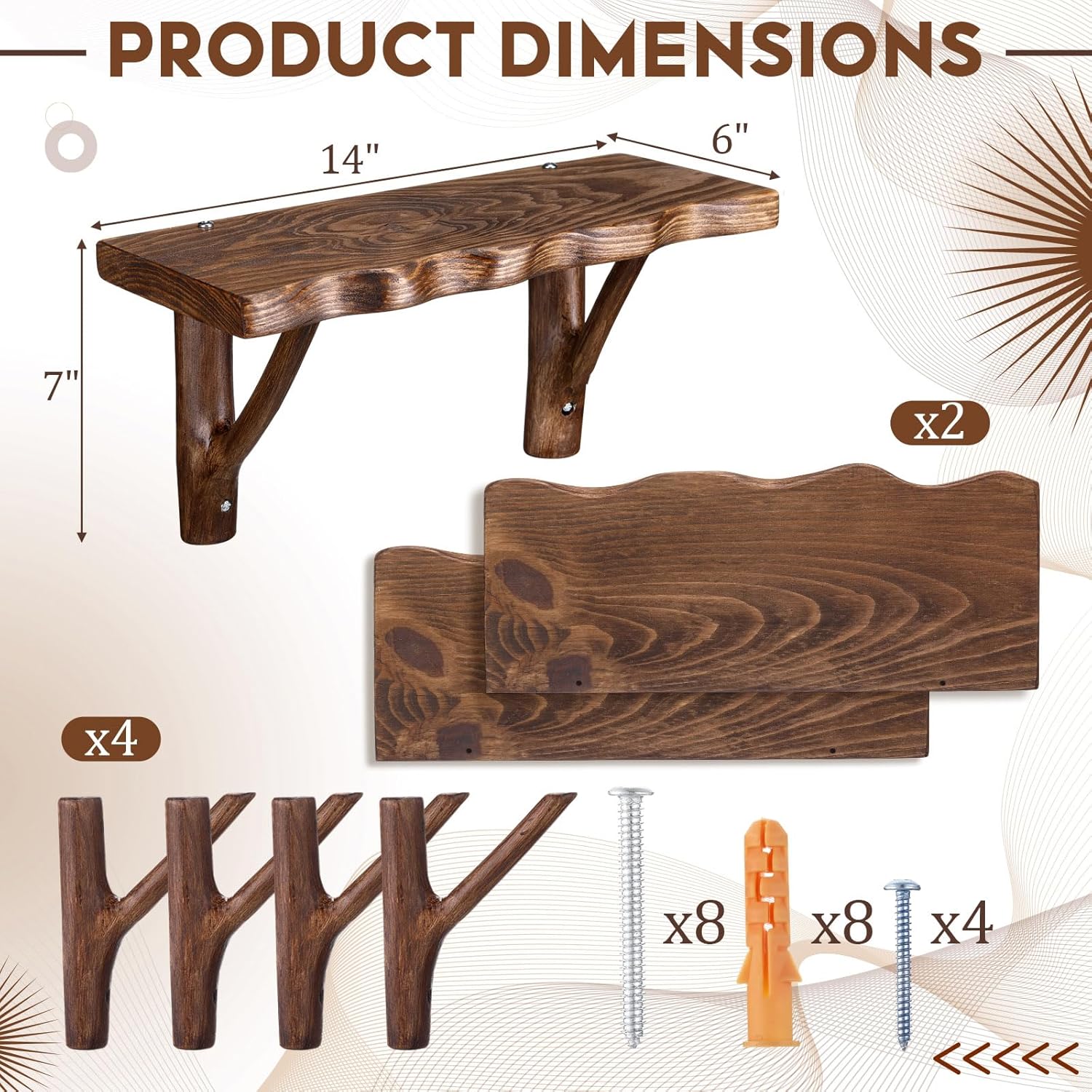 Set of 2 Live Edge Solid Pine Wood Mounted Shelves 