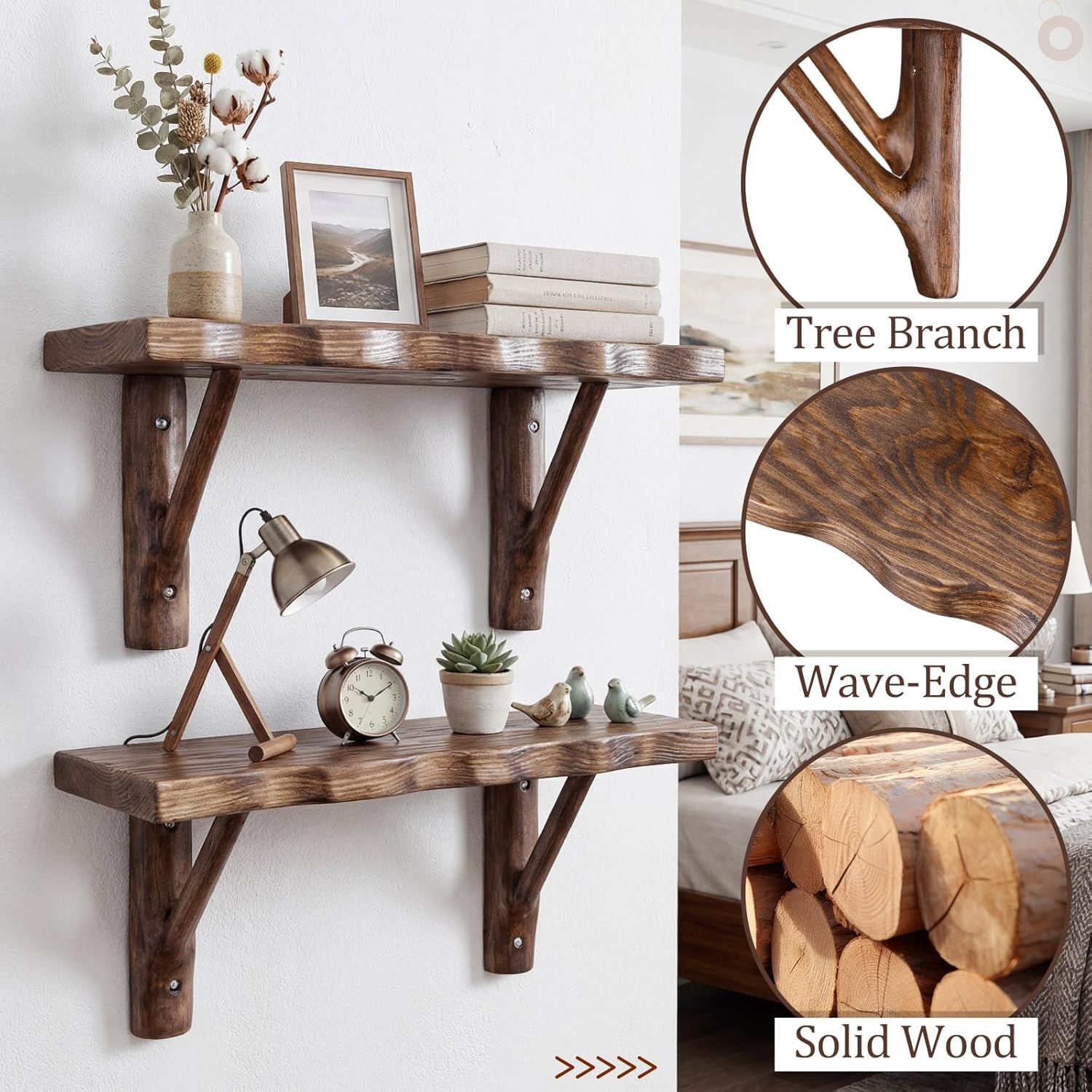 Set of 2 Live Edge Solid Pine Wood Mounted Shelves 