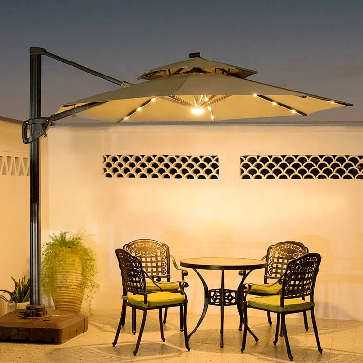 Factory price Garden Umbrella 10 ft Solar LED Patio Cantilever Offset Umbrella with 360 Degree Rotation