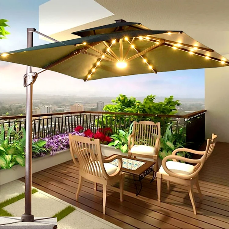 Factory price Garden Umbrella 10 ft Solar LED Patio Cantilever Offset Umbrella with 360 Degree Rotation