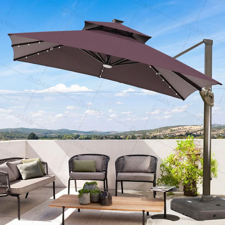 Garden Furniture Heavy Duty Outdoor Garden Sunshade Parasol Manual Lift Solar Patio Market Umbrella Led Restaurant Umbrella
