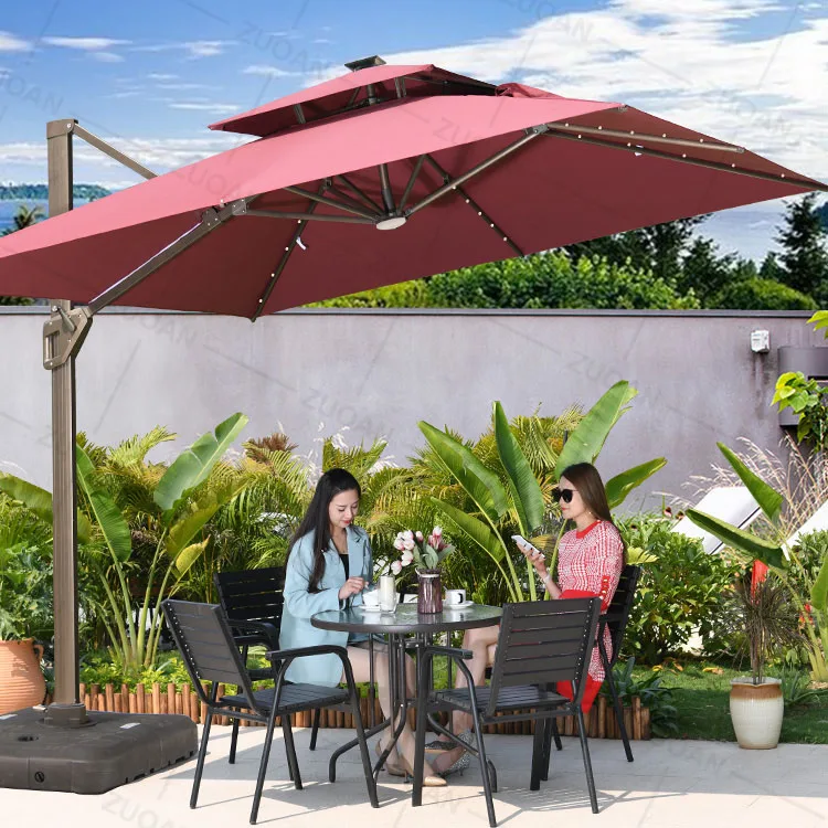 Garden Furniture Heavy Duty Outdoor Garden Sunshade Parasol Manual Lift Solar Patio Market Umbrella Led Restaurant Umbrella