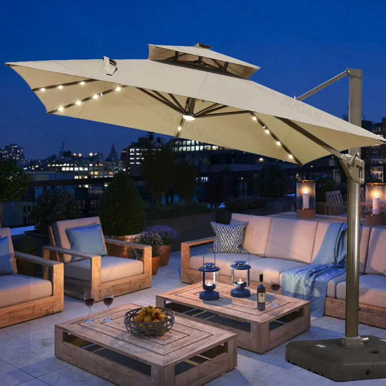 Garden Furniture Heavy Duty Outdoor Garden Sunshade Parasol Manual Lift Solar Patio Market Umbrella Led Restaurant Umbrella