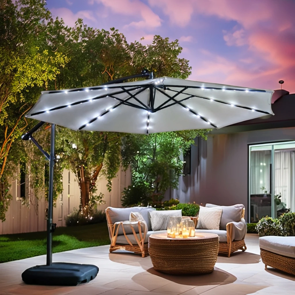 Full Set LED Light Outdoor Garden Sun Beach Parasol Modern Cantilever Patio Umbrella Bases Parts Outdoor Furniture