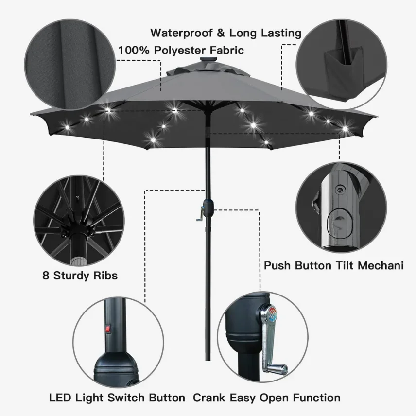  Patio Umbrella with LED Lights Waterproof Foldable Outdoor Sun Protection Beach Pool Garden Umbrella
