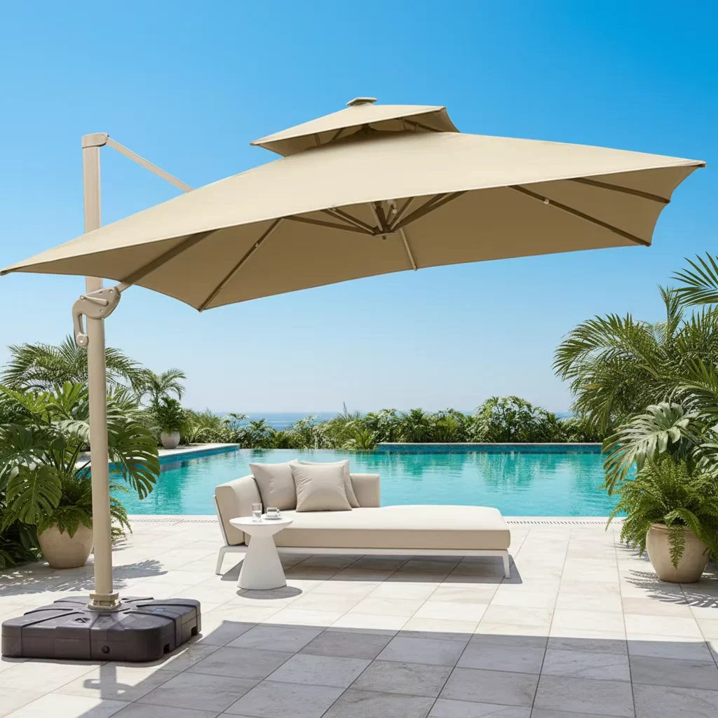 Garden Furniture Heavy Duty Outdoor Garden Sunshade Parasol Manual Lift Solar Patio Market Umbrella Led Restaurant Umbrella