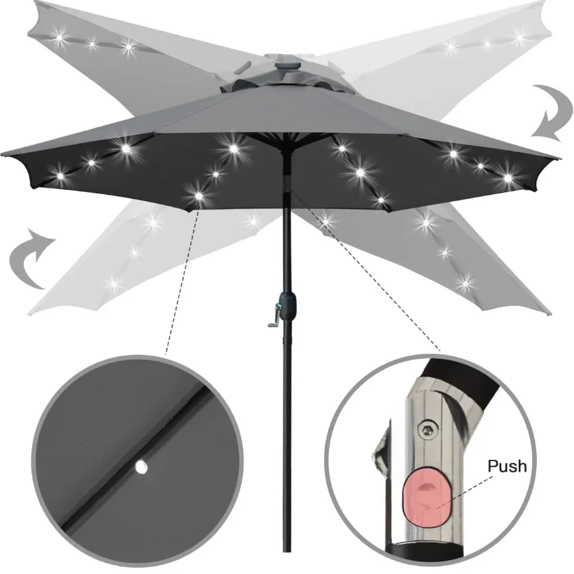  Patio Umbrella with LED Lights Waterproof Foldable Outdoor Sun Protection Beach Pool Garden Umbrella