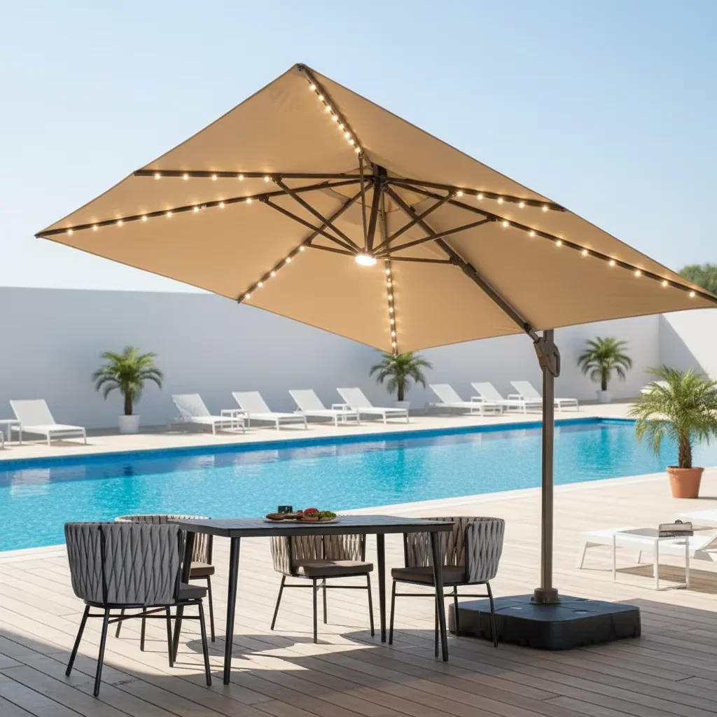 Garden Furniture Heavy Duty Outdoor Garden Sunshade Parasol Manual Lift Solar Patio Market Umbrella Led Restaurant Umbrella