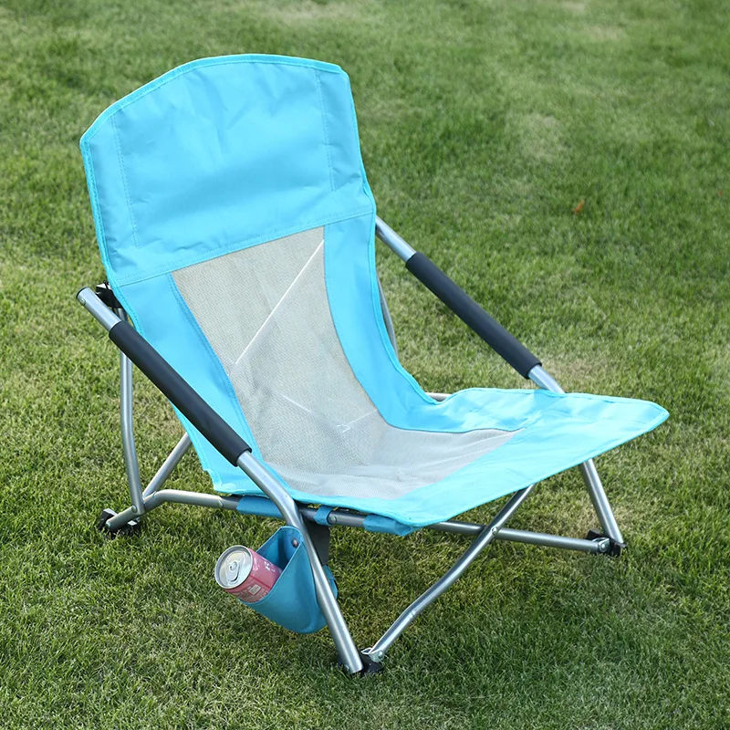 Portable Lounge Chair Low Seat Folding Beach Chair with Cooler Bag Cup Holder Metal for Hotels Seaside Beaches