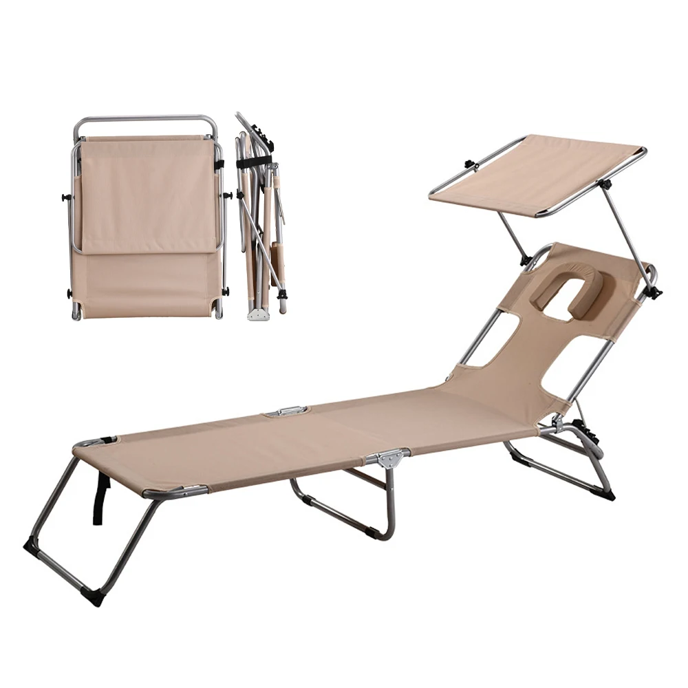  Modern Foldable Beach & Fishing Lounger Chair Portable Recliner with Sunshade Canopy for Picnic
