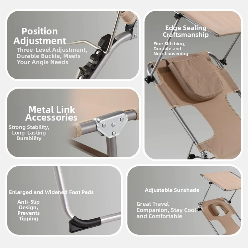  Modern Foldable Beach & Fishing Lounger Chair Portable Recliner with Sunshade Canopy for Picnic