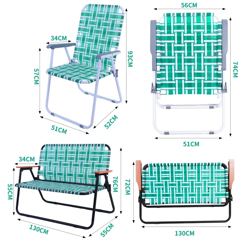 Durable Metal Frame Single Double Folding Woven Chair Portable Outdoor Camping Beach Chair Backrest Armrest for Leisure Beach