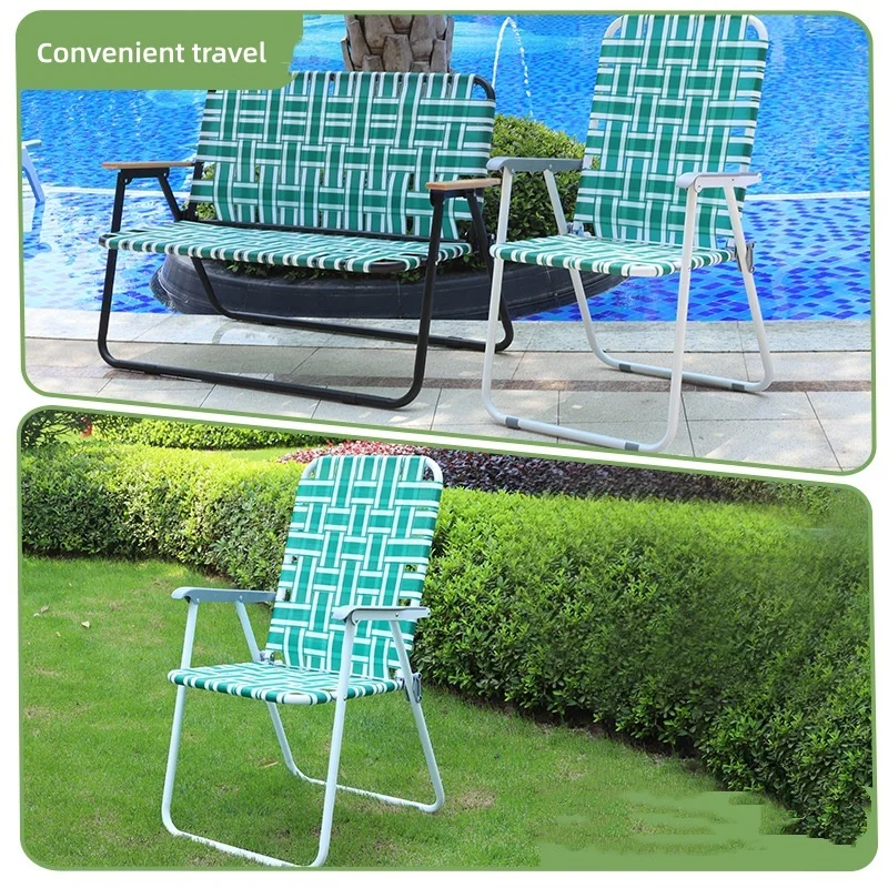 Durable Metal Frame Single Double Folding Woven Chair Portable Outdoor Camping Beach Chair Backrest Armrest for Leisure Beach