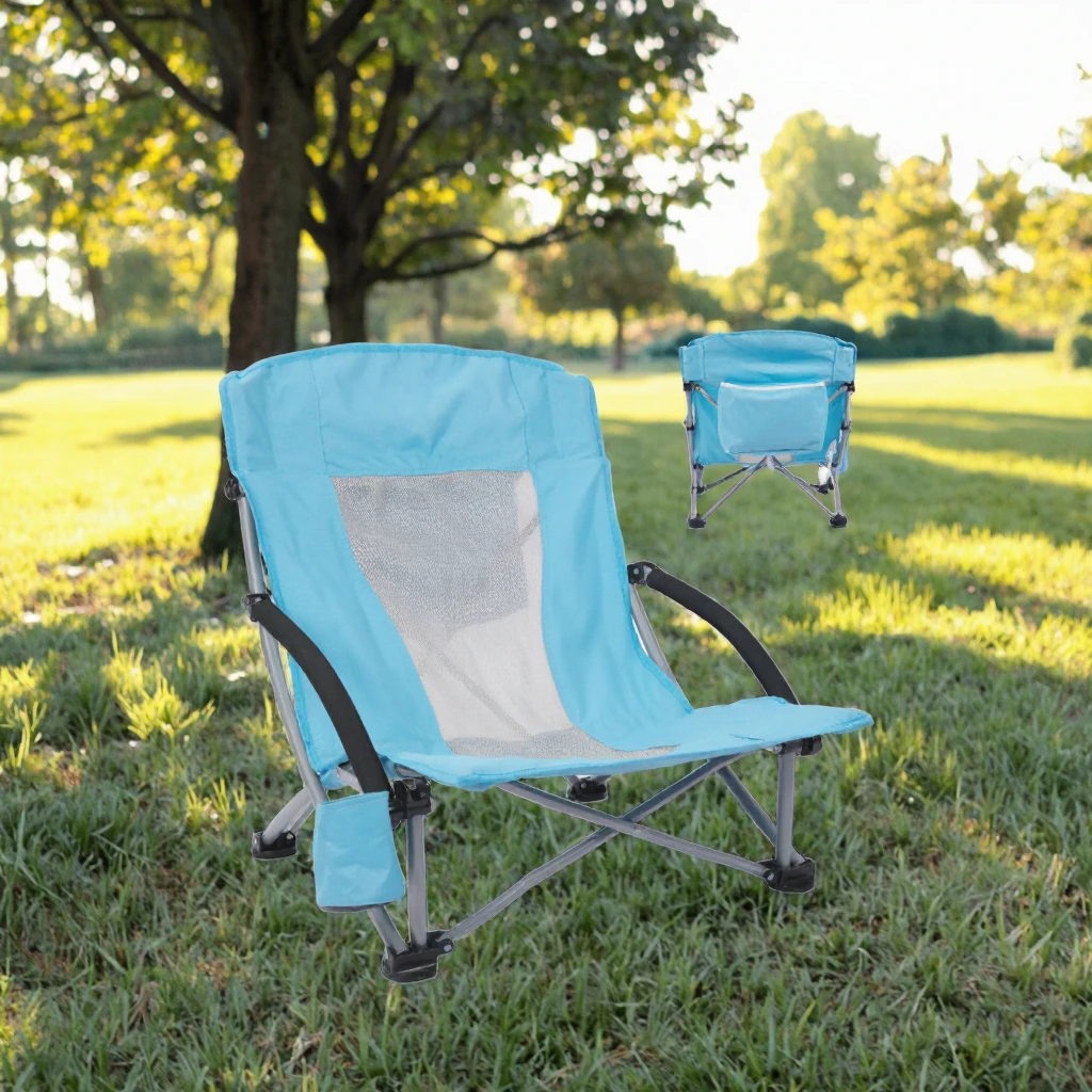 Portable Lounge Chair Low Seat Folding Beach Chair with Cooler Bag Cup Holder Metal for Hotels Seaside Beaches