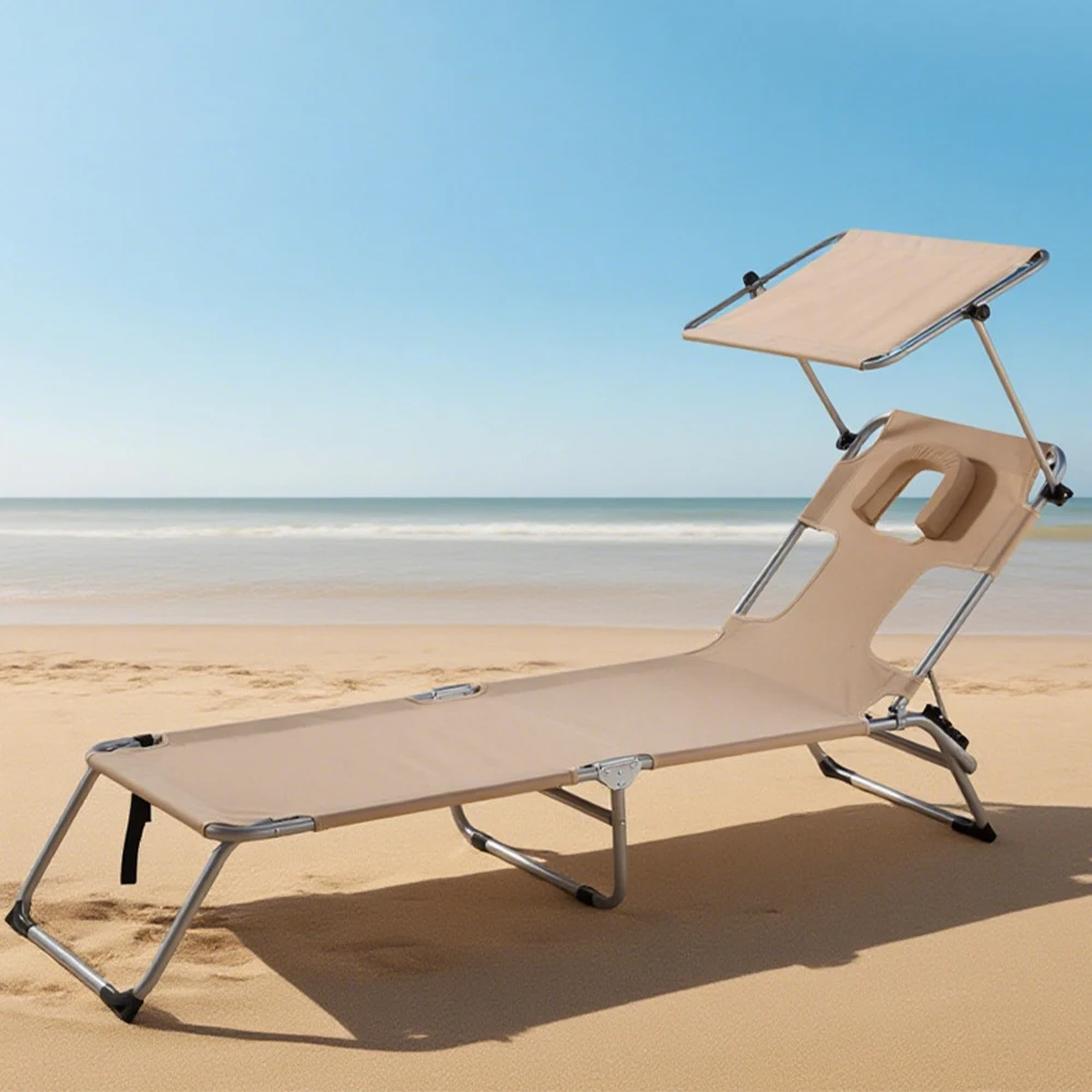 Modern Foldable Beach & Fishing Lounger Chair Portable Recliner with Sunshade Canopy for Picnic