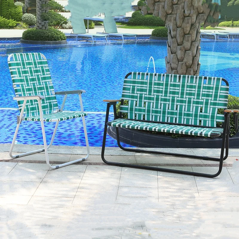 Durable Metal Frame Single Double Folding Woven Chair Portable Outdoor Camping Beach Chair Backrest Armrest for Leisure Beach