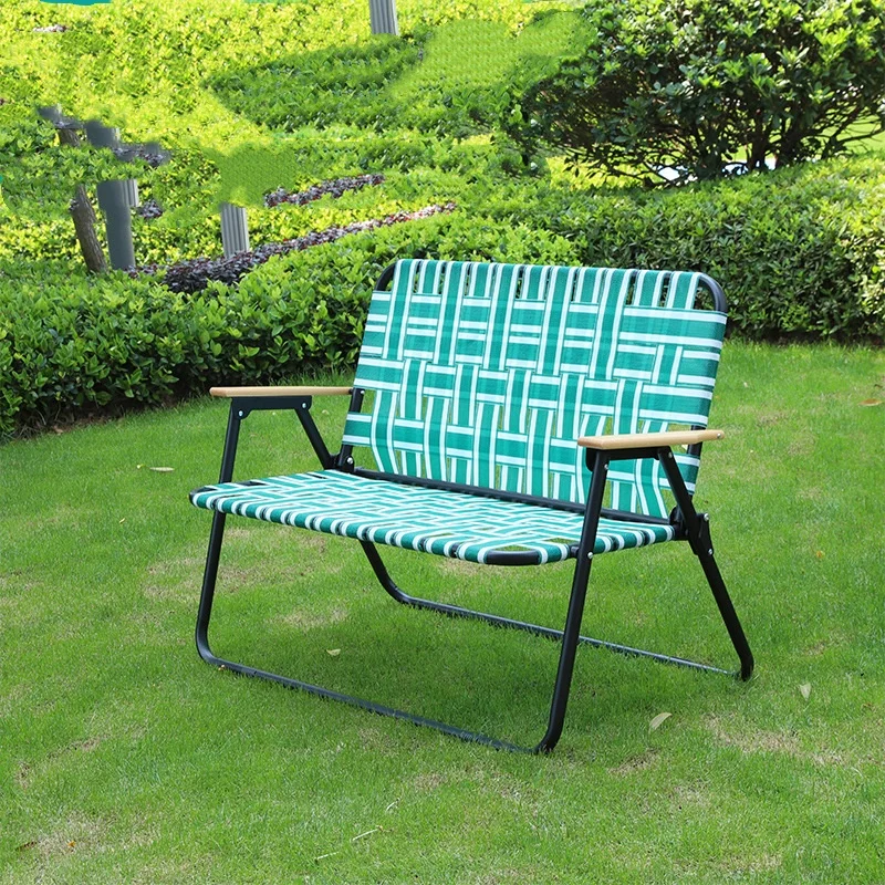 Durable Metal Frame Single Double Folding Woven Chair Portable Outdoor Camping Beach Chair Backrest Armrest for Leisure Beach