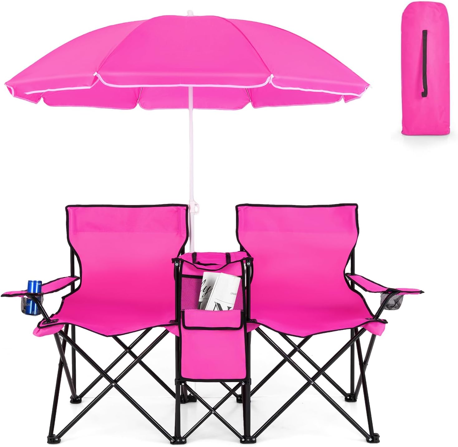  Double Portable Picnic Chairs, Folding Camping Chairs w/Detachable Umbrella, Cooler Bag, Cup Holders, Patio Beach Camping Chairs for Outdoors