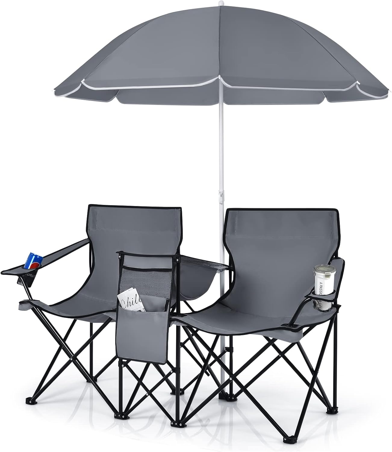  Double Portable Picnic Chairs, Folding Camping Chairs w/Detachable Umbrella, Cooler Bag, Cup Holders, Patio Beach Camping Chairs for Outdoors