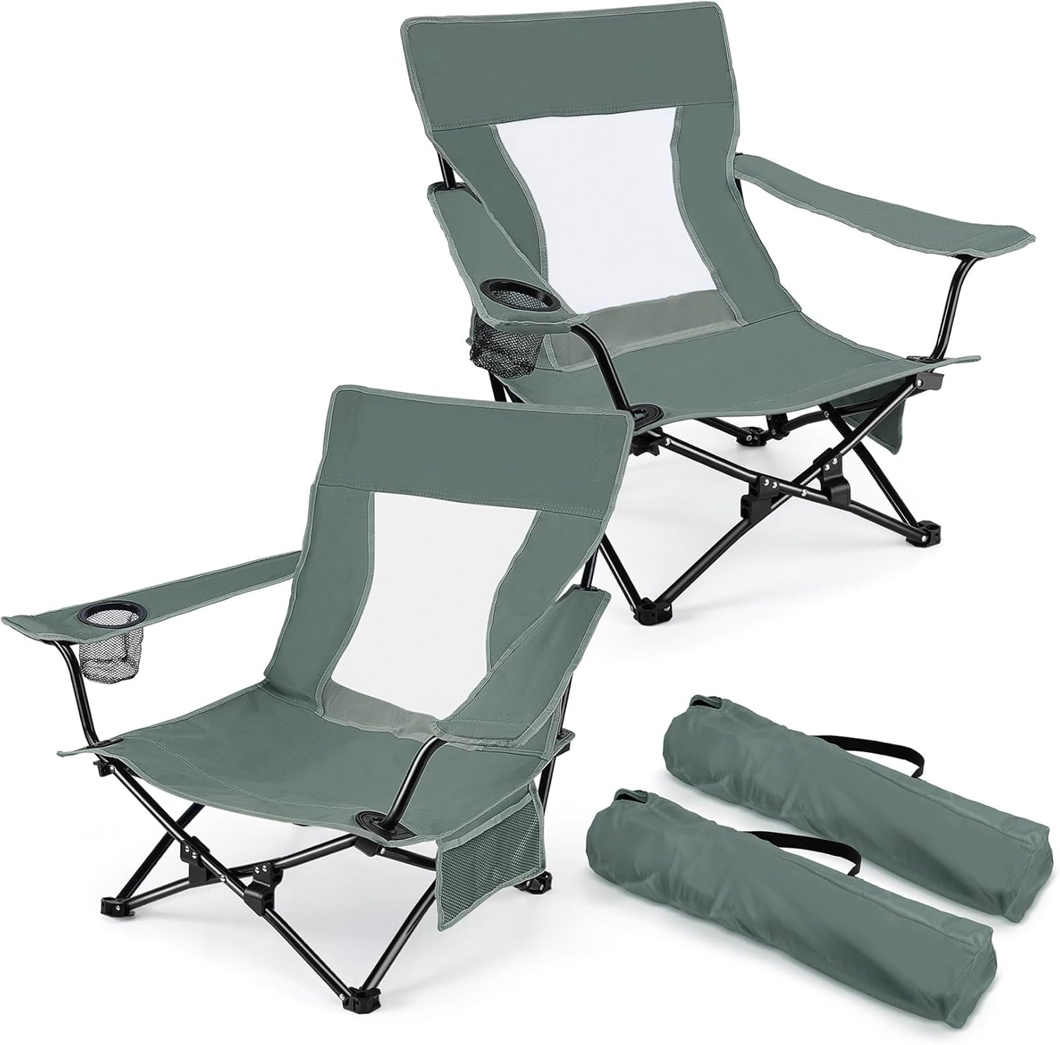  Beach Camping Chair (2 Pack), Outdoor Folding Lawn Chair for Adults, Heavy Duty Portable Chair with Armrest for Outside Fishing, Sport, Patio, Cup Holder & Storage Pocket, Carry Bag (Blue)