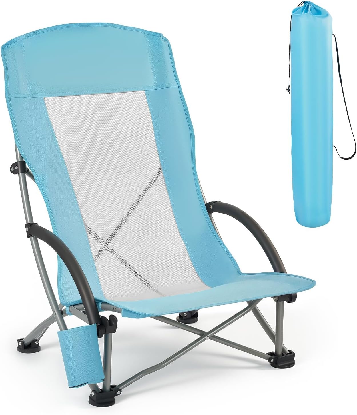 Folding Beach Chair, High Back Camping Chairs for Adults, with Cup Pocket, Mesh Back, Carry Bag, Portable Extra Wide Seat Chair 330 lbs Heavy Duty Support, for Outdoor, Camp, Light Blue, 2 Pack