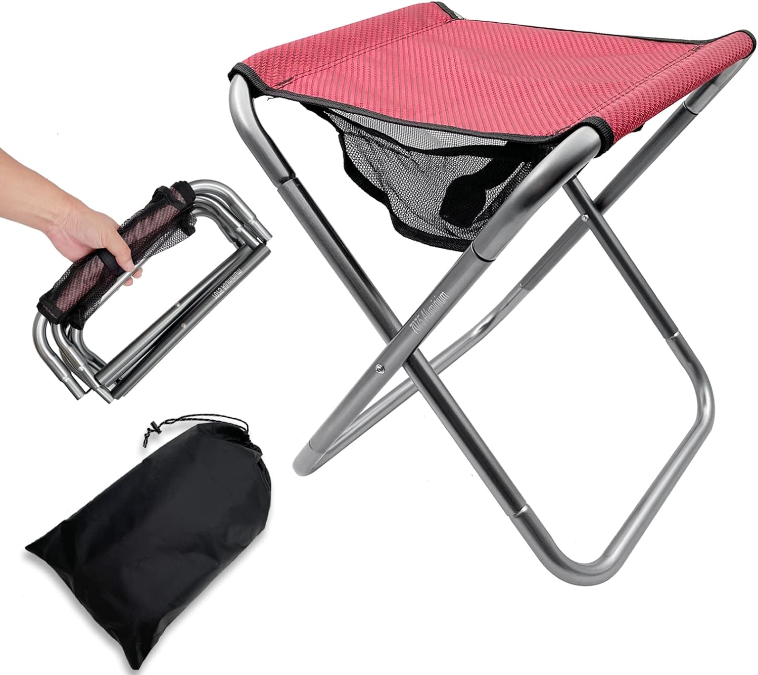 16 Inch Tall Portable Folding Camping Stool - Aluminum Alloy Lightweight Seat With Carry Bag for Fishing, Outdoor Camping, Hiking and BBQ - Red
