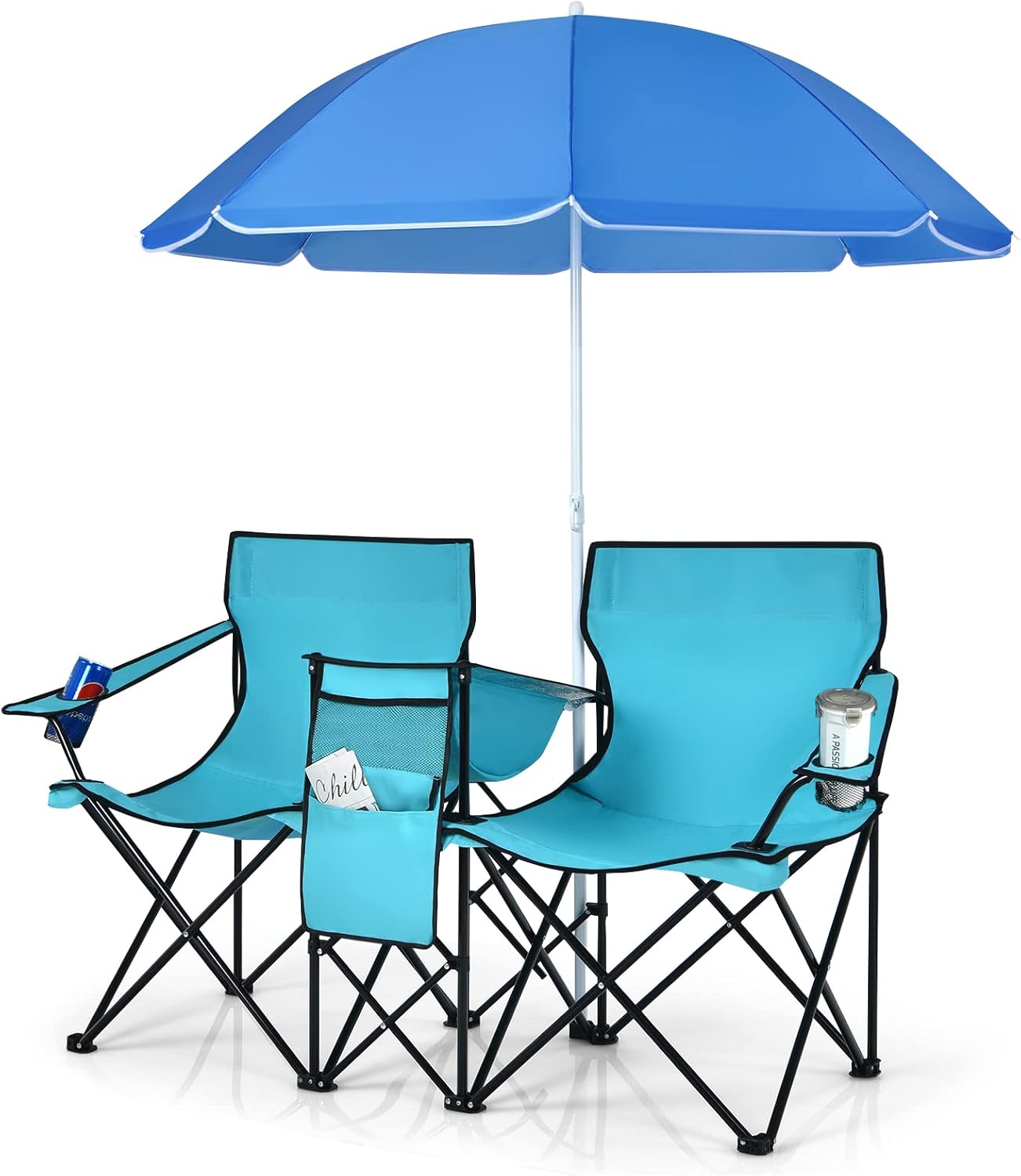  Double Portable Picnic Chairs, Folding Camping Chairs w/Detachable Umbrella, Cooler Bag, Cup Holders, Patio Beach Camping Chairs for Outdoors