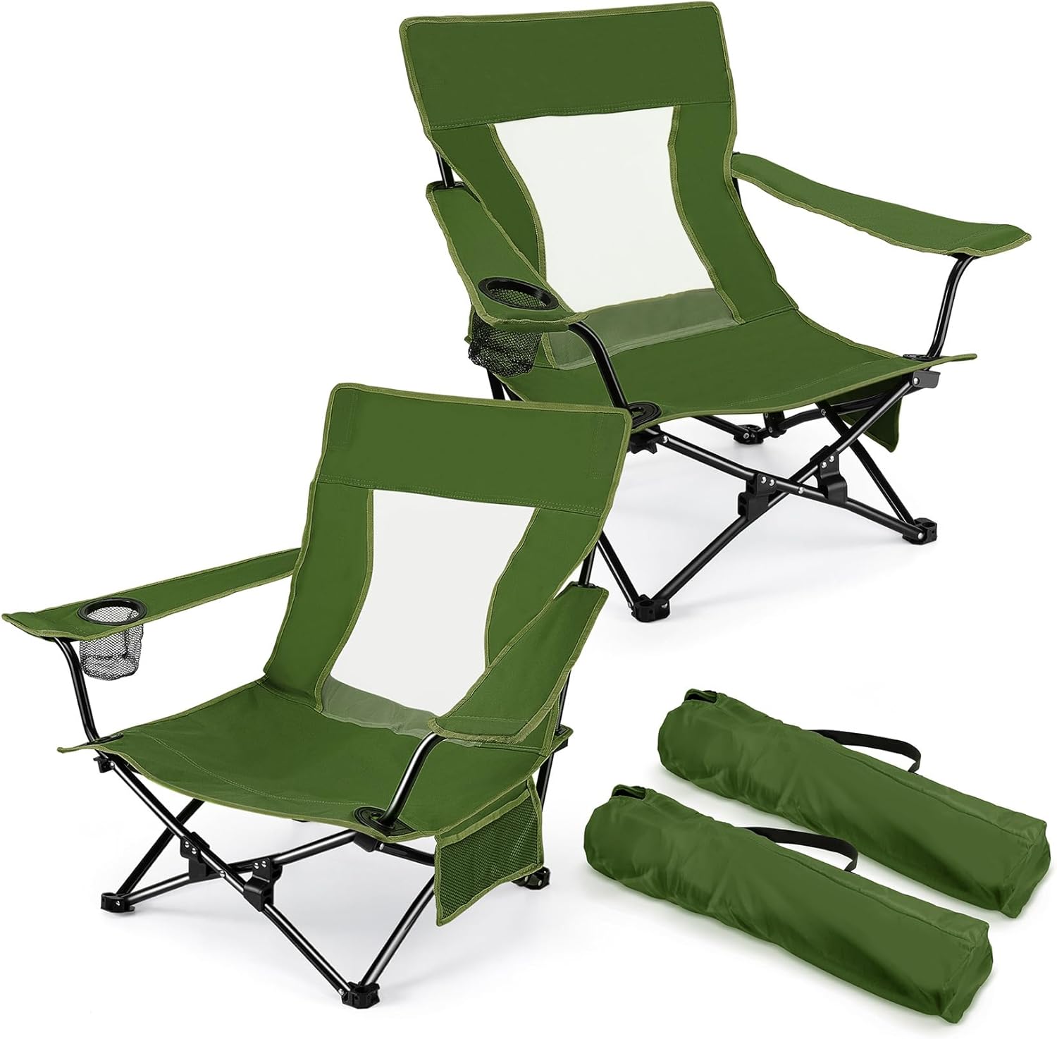  Beach Camping Chair (2 Pack), Outdoor Folding Lawn Chair for Adults, Heavy Duty Portable Chair with Armrest for Outside Fishing, Sport, Patio, Cup Holder & Storage Pocket, Carry Bag (Blue)