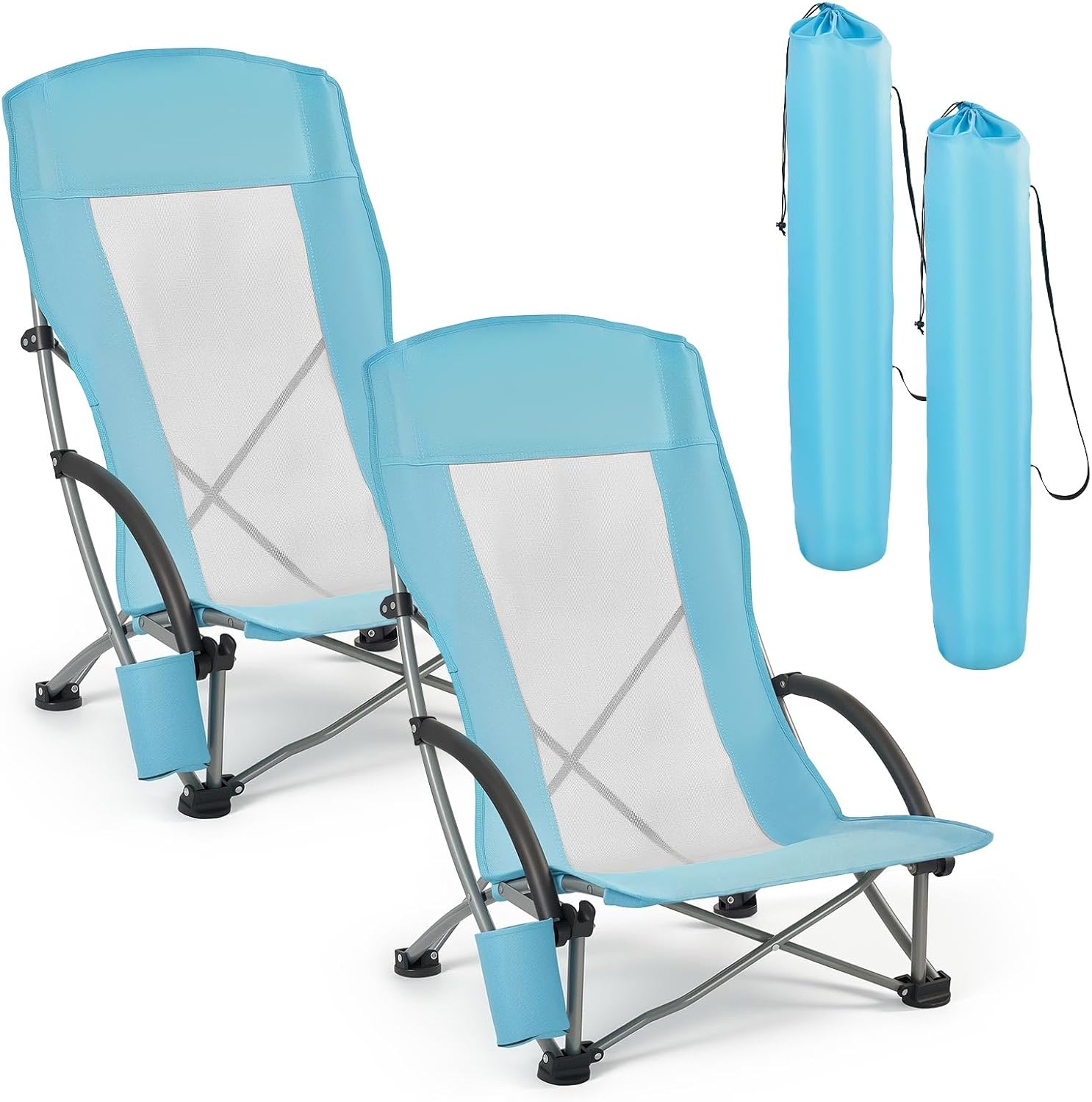 Folding Beach Chair, High Back Camping Chairs for Adults, with Cup Pocket, Mesh Back, Carry Bag, Portable Extra Wide Seat Chair 330 lbs Heavy Duty Support, for Outdoor, Camp, Light Blue, 2 Pack