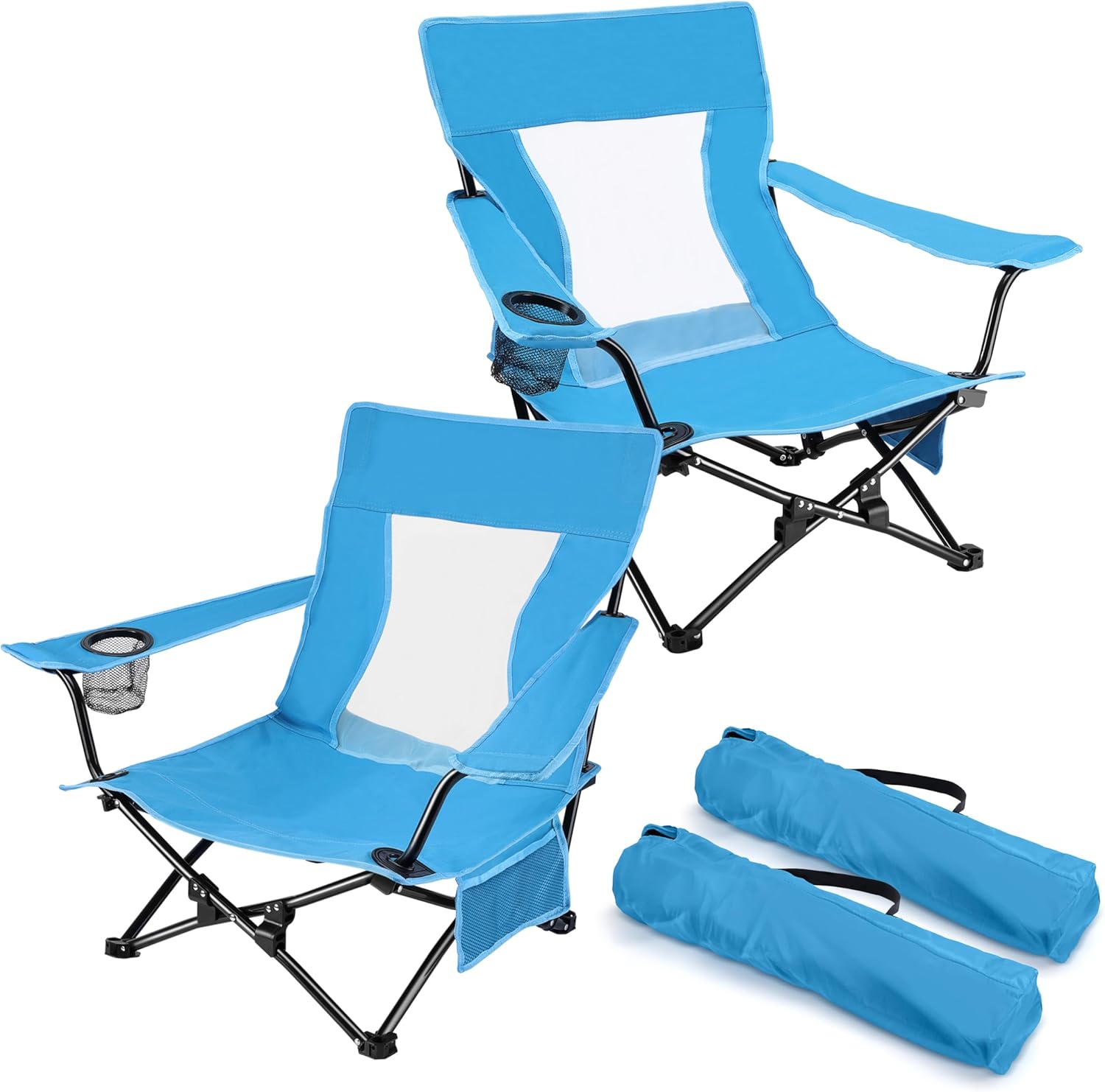  Beach Camping Chair (2 Pack), Outdoor Folding Lawn Chair for Adults, Heavy Duty Portable Chair with Armrest for Outside Fishing, Sport, Patio, Cup Holder & Storage Pocket, Carry Bag (Blue)