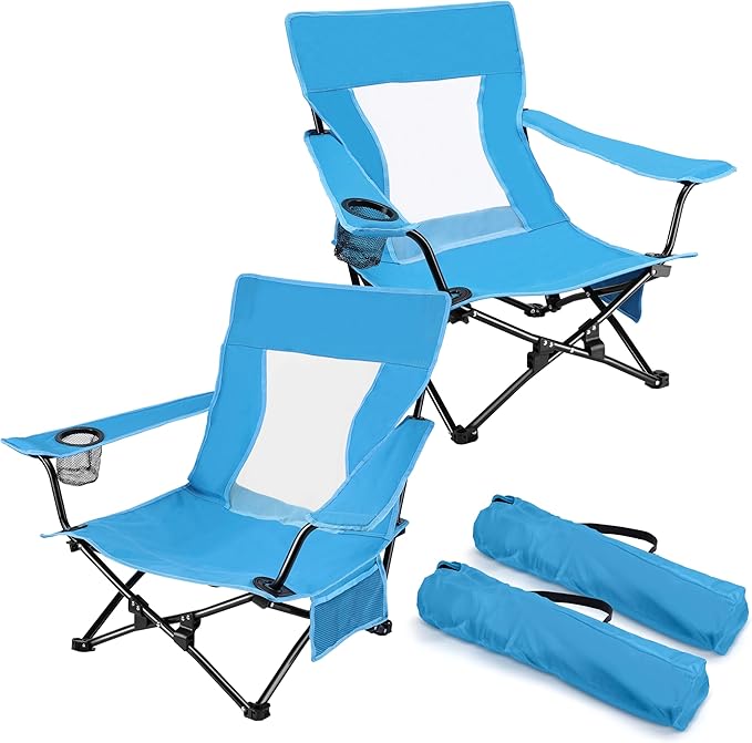  Beach Camping Chair (2 Pack), Outdoor Folding Lawn Chair for Adults, Heavy Duty Portable Chair with Armrest for Outside Fishing, Sport, Patio, Cup Holder & Storage Pocket, Carry Bag (Blue)