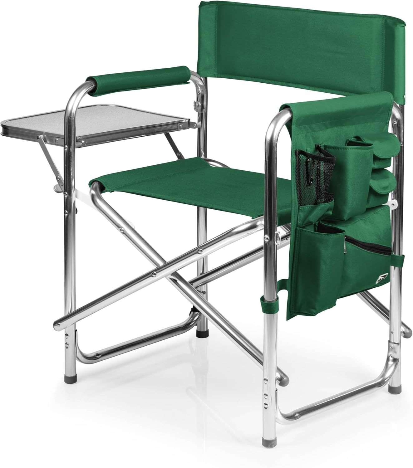 Sports Chair with Side Table, Outdoor Foldable Padded Adult Camping Chairs with Cup and Accessory Panel for Lawn, Beach, & Sports Use for Adults, up to 300-lbs Capacity, (Hunter Green)