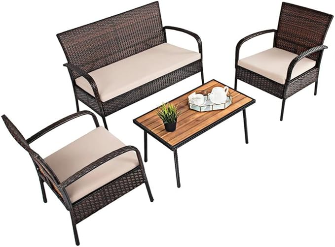 4PCS Patio Rattan Furniture Set Outdoor Conversation Coffee Table W/Cushions Single Chair