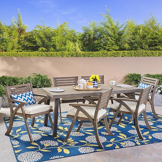  Outdoor 7 Piece Acacia Wood Dining Set, Gray Finish/Cream