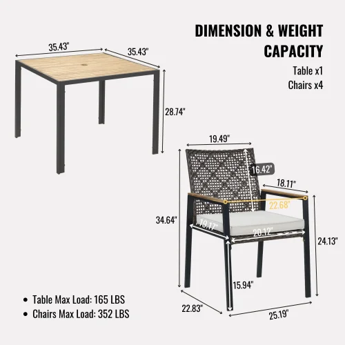 5-Piece Wicker Dining Furniture Set for Outdoor Garden Porch Garden Backyard Lawn Furniture Acacia Wood Table Top