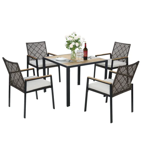 5-Piece Wicker Dining Furniture Set for Outdoor Garden Porch Garden Backyard Lawn Furniture Acacia Wood Table Top