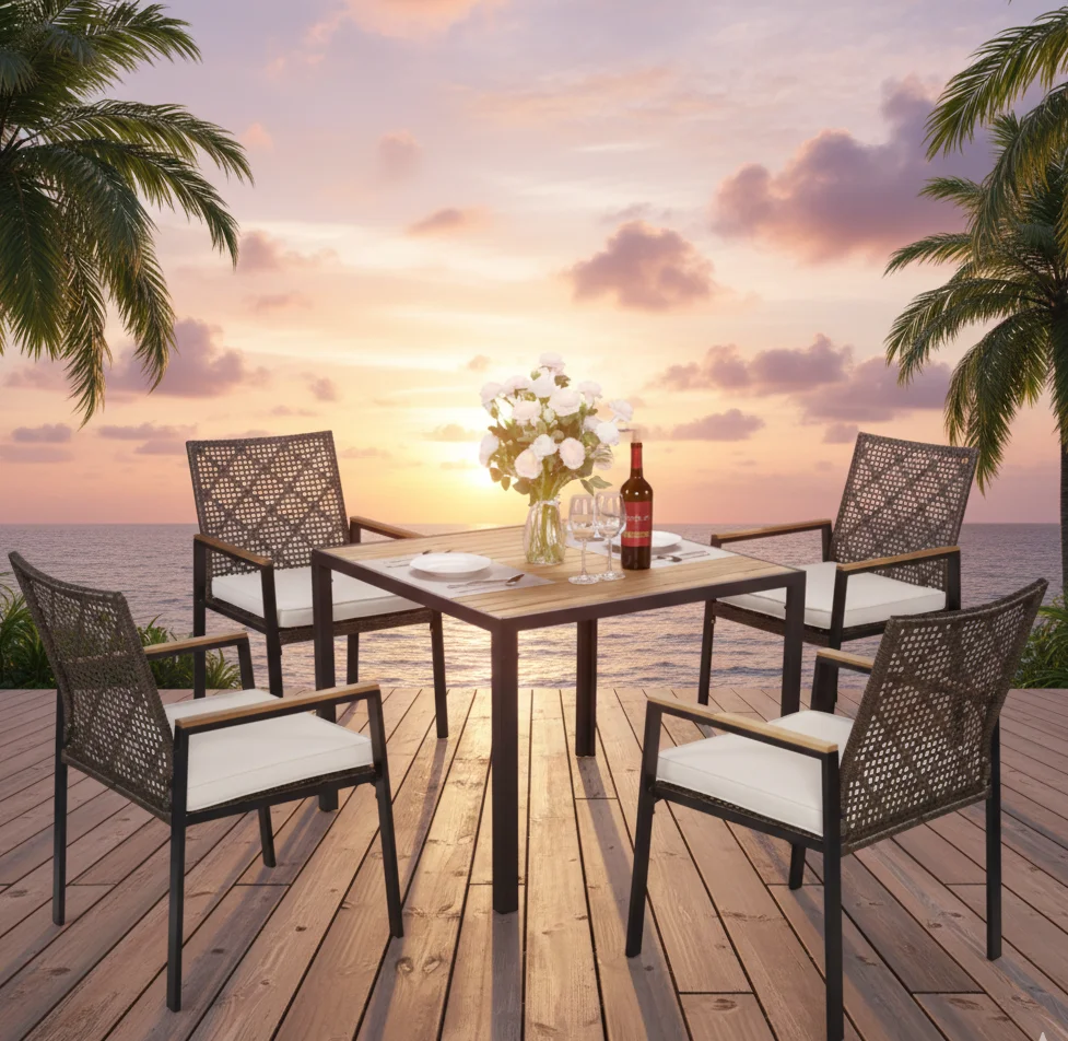 5-Piece Wicker Dining Furniture Set for Outdoor Garden Porch Garden Backyard Lawn Furniture Acacia Wood Table Top