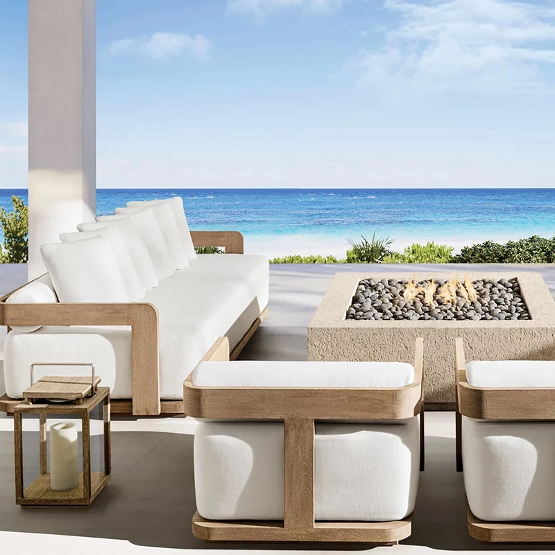 Contemporary Style Comfortable Teak Wood Garden Furniture Set Modern Outdoor Patio Conversation Sofa with Fire Pit