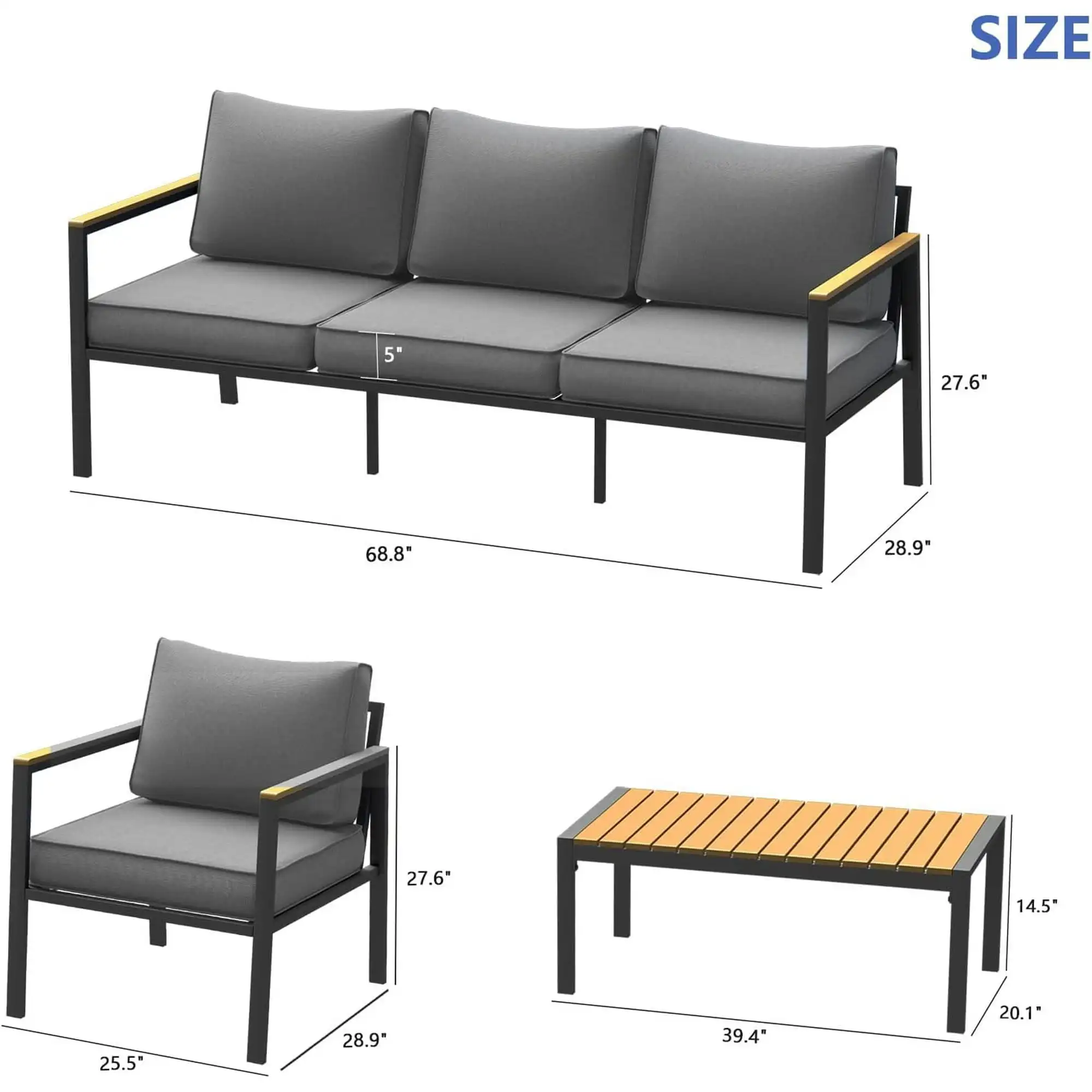 AJUNION Metal Courtyard Furniture Set Plastic Wood Coffee Table Outdoor Balcony Furniture Sectional Sofa Garden Set