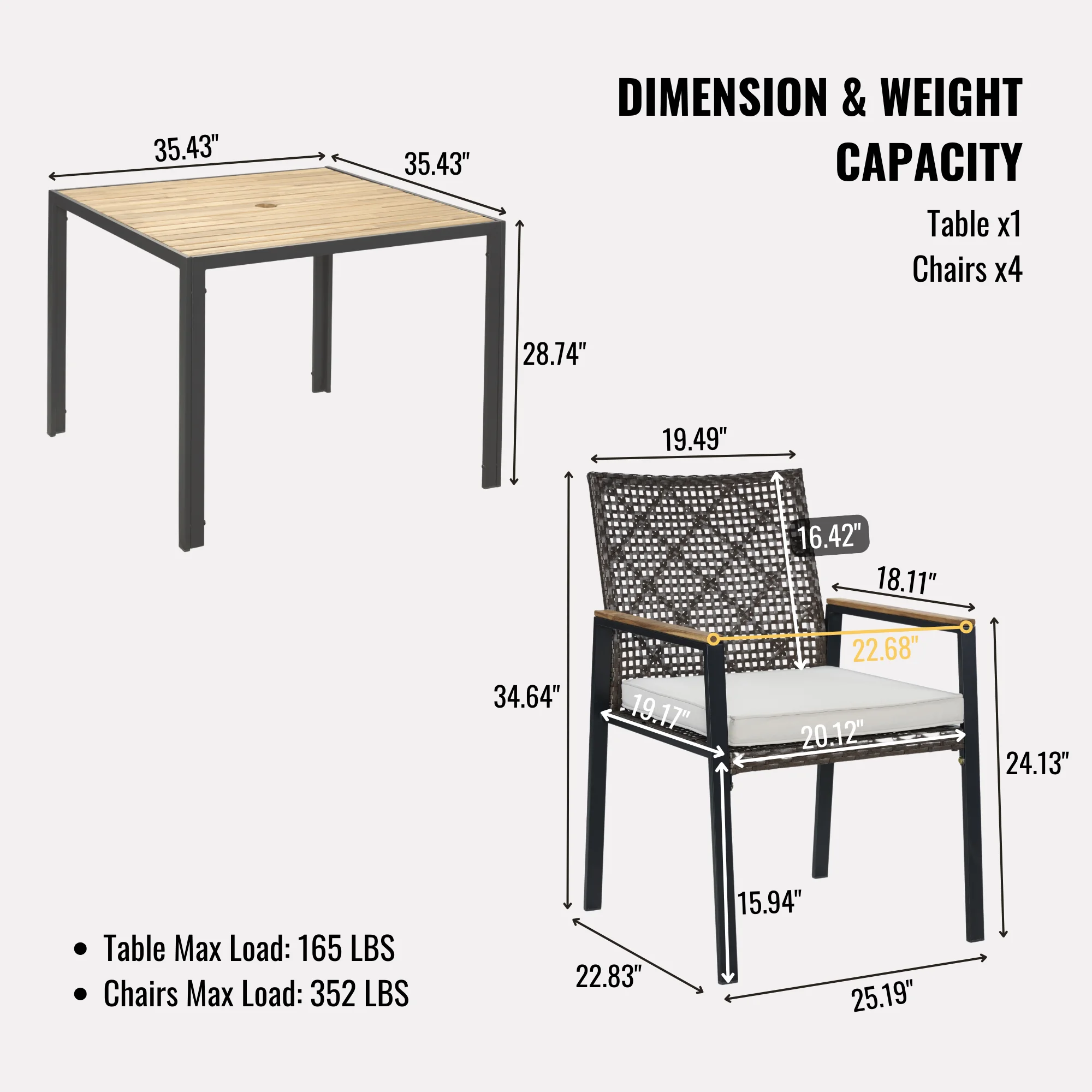All Weather 5-Piece Patio Conversation Set Acacia Wood Table Top with Umbrella Hole Coffee Brown Rattan