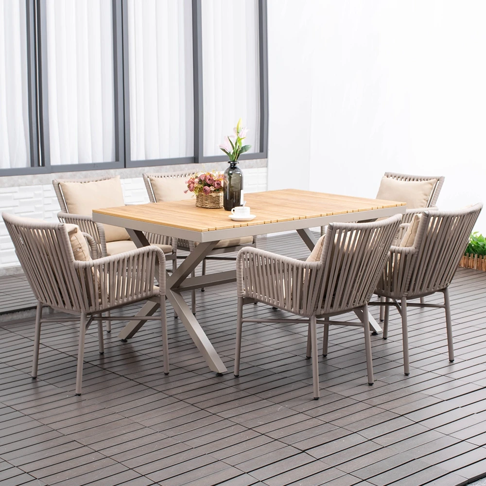 AJUNION 7 Piece Outdoor Dining Set Aluminum Frame Plastic Wood-top Dining Table Handwoven Rope Armchairs Garden Dining Furniture
